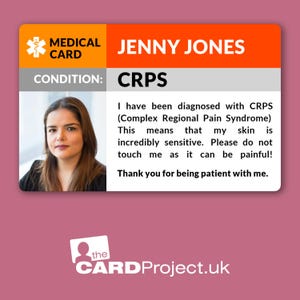 May include: A medical card with a red background and a white border. The card has a white star with a snake wrapped around it, and the text "MEDICAL CARD" in black. The card also has the text "JENNY JONES" in black, and the text "CONDITION: CRPS" in black. The card also has a photo of a woman with brown hair and brown eyes. The text below the photo reads: "I have been diagnosed with CRPS (Complex Regional Pain Syndrome) This means that my skin is incredibly sensitive. Please do not touch me as it can be painful! Thank you for being patient with me."