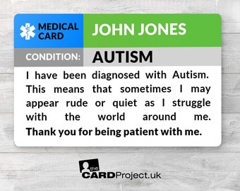 Autism Awareness Medical ID Card - Personalised In Case of Emergency Contact Details