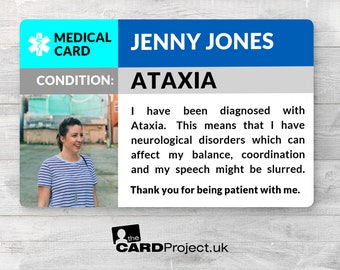 Ataxia Photo Medical ID Card - Personalised In Case of Emergency Contact Details, Ataxia Awareness Badge