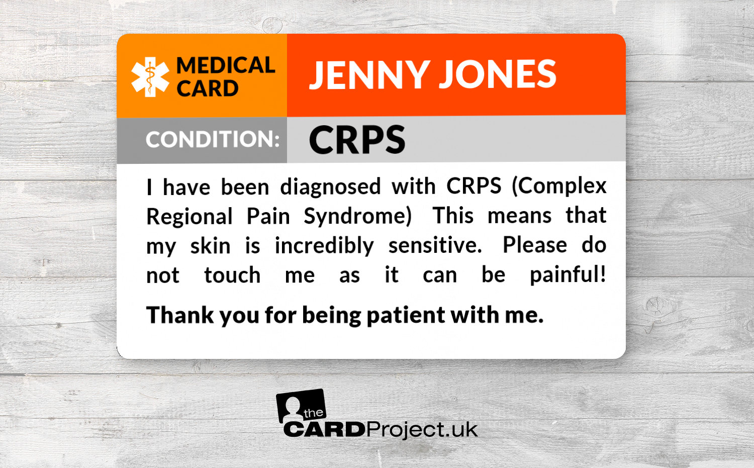 CRPS Medical ID Card Complex Regional Pain Syndrome Personalised