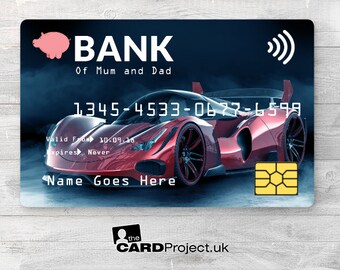 Childs Double Sided Credit Card, Red Racing Car Design, Novelty Play Time Money for Kids, Magnetic and Signature Strip on Rear
