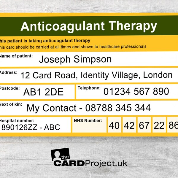 Anticoagulant Therapy Medical ID Card - Blood Thinners, Warfarin, Edoxaban, Apixaban - Medical Alert Bracelet Alternative