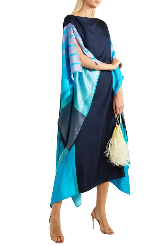 Dubai dress Plus size,Kaftan Maxi Dress Kaftans for women wedding dress,Dresses Women’s Black And Blue Color Printed Softy Silk Kaftan