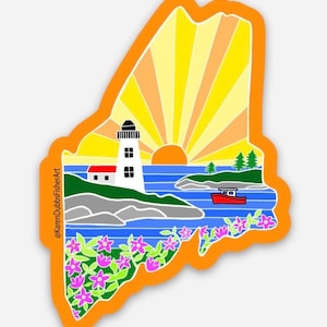Sticker, State of Maine Sticker, State of Maine, Lighthouse, Sunburst, Lobster boat, Laminate Sticker, Vinyl Sticker, Glossy Sticker