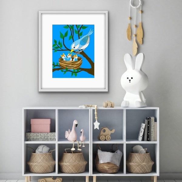 Baby Birds in Nest, Art Print, Mama and baby birds, Bird Nest, Bob Marley Song,  Three Little Birds, Every Little Things Gonna Be Alright