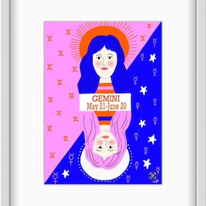 Gemini Art Print, Zodiac Art, The Twins, Air Sign, Horoscope, Stars, Constellation, Planet Mercury, Birthday Gift