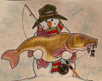 Festive Snowman - Barbel Fishing Selfie - 2022 Limited edition prints by the Book artist & Illustrator Christopher Stockley