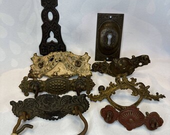 Vintage Antique Drawer Hardware Lot Pulls Door Keyhole Plate Brass 8 Pieces