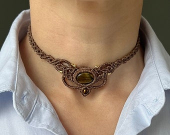 Tiger’s eye macrame choker necklace - Bohemian elegant crystal boho jewelry - Personalized gift for women