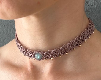 Labradorite choker, Macrame necklace,  Energy healing crystal, Natural stones, Bohemian boho jewelry, Personalized Gift