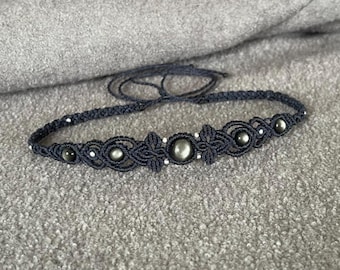 Collar de macramé de obsidiana negra, gargantilla de cristal, joyería bohemia personalizada, piedras curativas naturales
