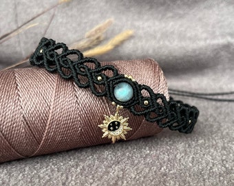 Collar de labradorita - Gargantilla Macrame con estrellas de luna de sol de encanto de oro - Joyería Boho chic - Cristal curativo energético -Regalo personalizado para ella