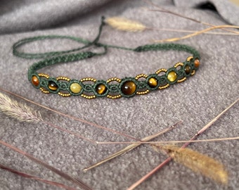 Collar de macramé de ojo de tigre, gargantilla de cristal, joyería boho, piedras naturales marrones curativas y protectoras.