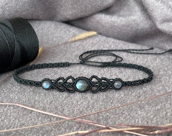 Collar de macramé de labradorita, gargantilla de cristal, joyería boho, piedra lunar para sanación energética