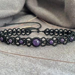 Lila ametist makraméhalsband, kristallchoker, bohemiska smycken, labradorit, rosenkvarts