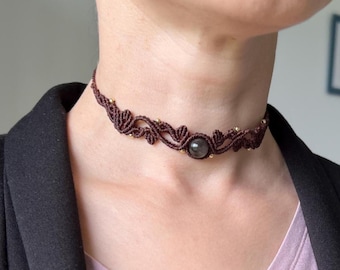 Gargantilla de macramé con cristal de obsidiana negra, joyería personalizada bohemia, piedra natural