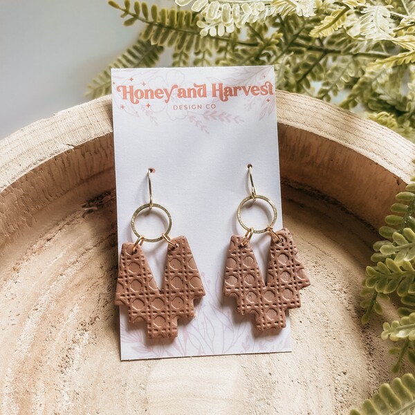 Boho tan or cream faux rattan Aztec geometric arch shaped clay earrings with gold accent ring