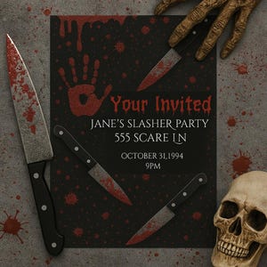 Könnte beinhalten: Eine Halloween-Einladung mit dem Text "Your Invited" und "Jane's Slasher Party". Die Einladung zeigt blutbefleckte Messer, einen Handabdruck und einen Totenkopf. Das Datum ist der 31. Oktober 1994, 21 Uhr.