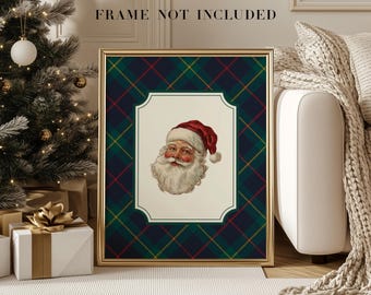 Puede incluir: Impresión enmarcada con una ilustración vintage de Papá Noel con barba blanca y gorro rojo. La obra de arte está sobre un fondo a cuadros verde, azul y rojo, con el texto "FRAME NOT INCLUDED" en la parte superior.