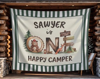 One Happy Camper First Birthday Party Banner | Custom Name | Photo Backdrop | Camp-themed 1st Birthday Decoration Wall Tapestry