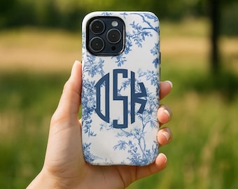 Funda para iPhone con monograma inicial de Toile azul / Funda resistente mate / iPhone 12 13 14 15 16 17