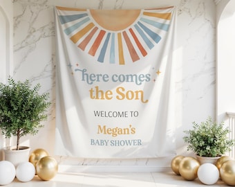 Here Comes the Son Baby Shower Banner | Custom Name | Photo Backdrop Decor | Boy Baby Shower Sign