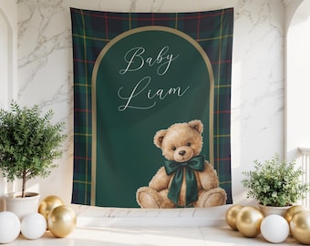 Preppy Plaid Baby Shower Banner | Teddy Bear Baby Shower Decor | Boy Baby Shower Sign | Green Baby Shower