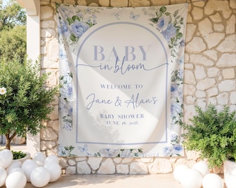 Baby in Bloom Sign | Floral Baby Shower Banner | Blue Baby Shower Decor | Photo Backdrop | Baby Shower Sign