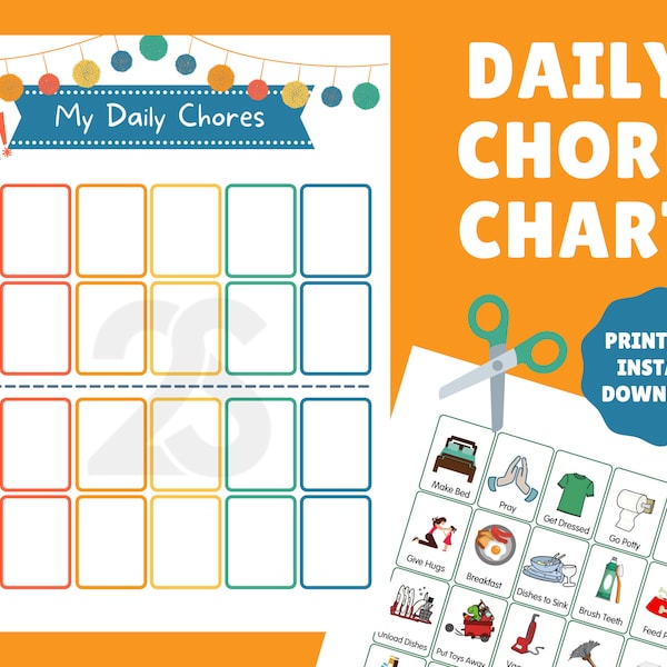 Kids Daily Chore Chart | Printable | Velcro Cards | Children's Responsibilities Task List | Job Poster | Daily Routine | Instant Download