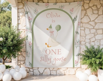 One Silly Goose 1st Birthday Banner | Custom Name | Photo Backdrop Decor | First Birthday Tapestry