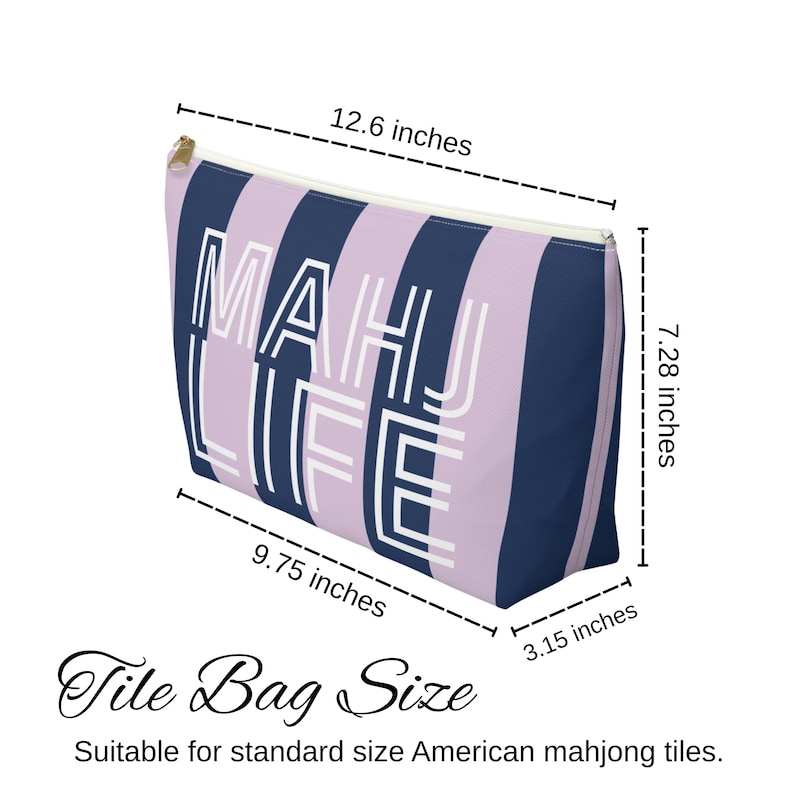 May include: A rectangular zippered tile bag with a striped pattern in lavender and navy blue. The bag features the text "MAHU LIFE" in white. The bag measures 12.6 inches long, 7.28 inches high, 9.75 inches wide, and 3.15 inches deep.