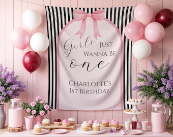 Girls Just Wanna Be One 1歳の誕生日バナー | カスタムネーム | 写真背景デコレーション | 1歳の誕生日タペストリー