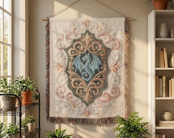 Medieval tapestry dragon blanket, tapestry decor—gothic home decor, cottagecore whimsigoth decor renaissance fair medieval art woven blanket