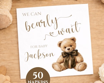 We Can Bearly Wait Baby Shower Napkins | Teddy Bear Baby Shower | Set of 50 Personalized Napkins | Cocktail or Luncheon
