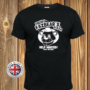 Five Nights At Freddys Fazbear Pizza black tshirt with purple print, unisex, ladies fitted and childrens.