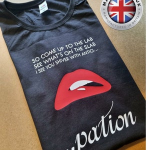 May include: A charcoal grey t-shirt featuring a graphic of bright red lips and white text that reads: SO COME UP TO THE LAB SEE WHAT'S ON THE SLAB I SEE YOU SHIVER WITH ANTICI... ...pation. A circular badge in the corner states MADE IN THE UK.