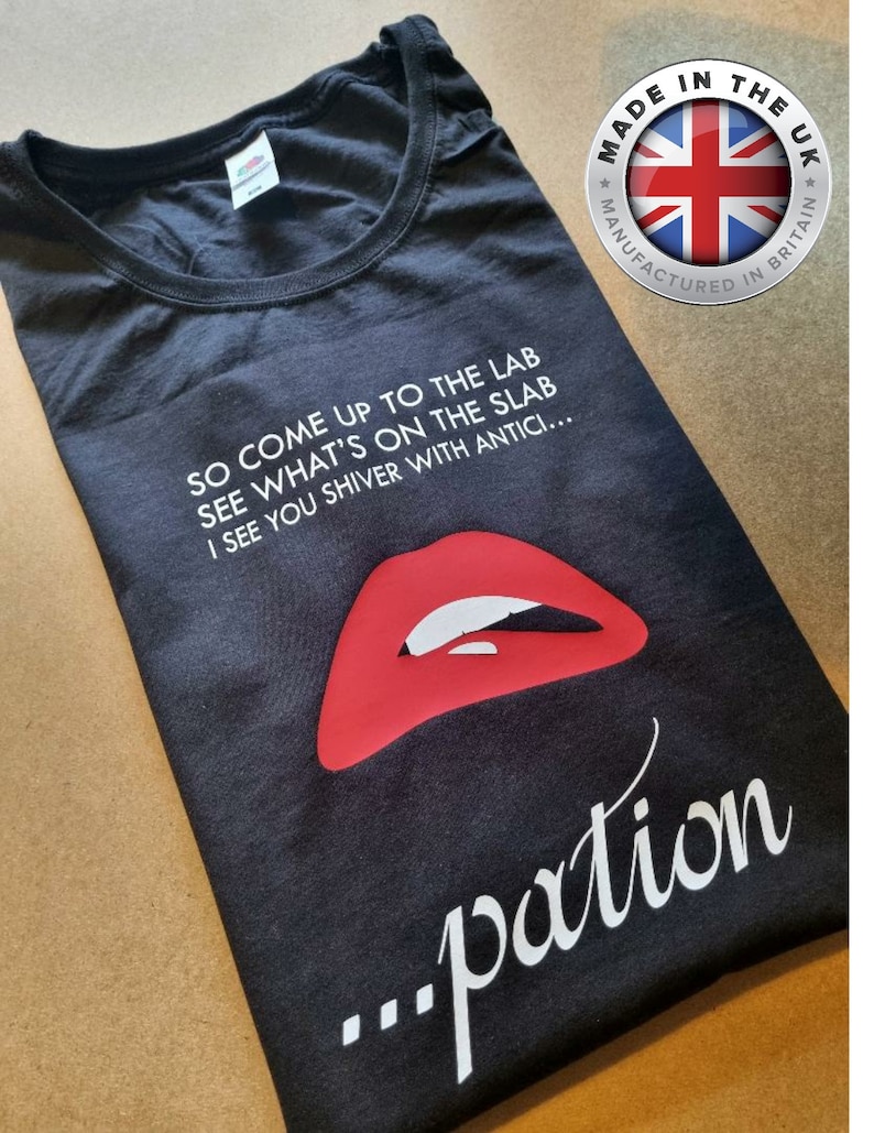 May include: A charcoal grey t-shirt featuring a graphic of bright red lips and white text that reads: SO COME UP TO THE LAB SEE WHAT'S ON THE SLAB I SEE YOU SHIVER WITH ANTICI... ...pation. A circular badge in the corner states MADE IN THE UK.
