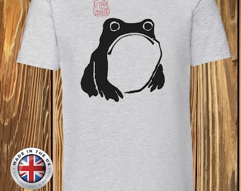 Japanese Grumpy Hoji Woodblock Frog grey t-shirt, unisex, childrens and ladies fitted available