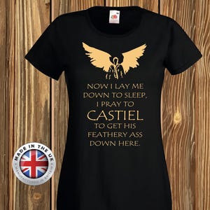 Maglietta Supernatural, maglietta Castiel, maglietta nera "Feathery ass", unisex dei fratelli Winchester, vestibilità attillata da donna e da bambino.