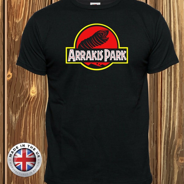 Dune inspired Arrakis Sand Worn Jurassic Park style black printed t shirt, unisex, ladies fitted and childrens.