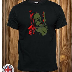 Boba Fett Star Wars Mandalorian Bounty Hunter Shadow black t shirt,unisex and childrens up to 5X Large + ladies fitted sizes up to 2X Large.