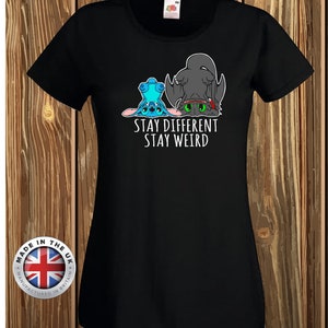 Toothless and Stitch. Stay Different black t shirt, unisex and ladies fitted