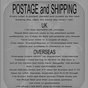 May include: A rectangular informational sign with rounded corners featuring black text on a light grey background. The text provides details regarding postage and shipping policies, including information for UK and overseas delivery services.