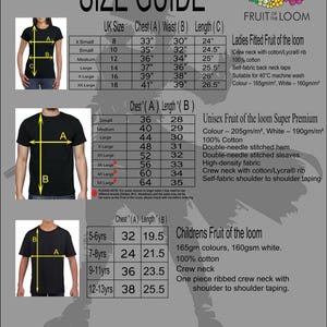May include: A grey size guide chart for Fruit of the Loom t-shirts, featuring three sections for ladies, unisex, and children's apparel. Each section includes a table with measurements in inches and descriptive text regarding fabric and construction.