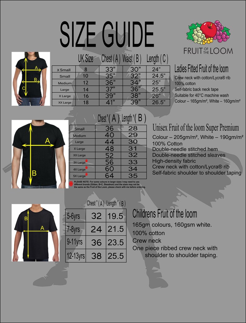 May include: A grey size guide chart for Fruit of the Loom t-shirts, featuring three sections for ladies, unisex, and children's apparel. Each section includes a table with measurements in inches and descriptive text regarding fabric and construction.