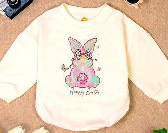 Easter Bunny Romper Sweatshirt, Handmade Pastel Baby Outfit