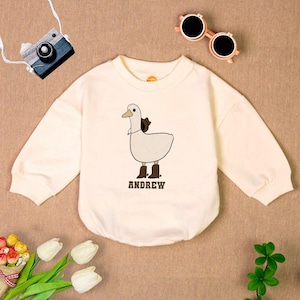 Personalized Cowboy Duck Romper Sweatshirt, Custom Name Baby Romper, Cute Newborn Outfit, Baby Gift Idea, Unisex Baby Clothes, Fun Babywear