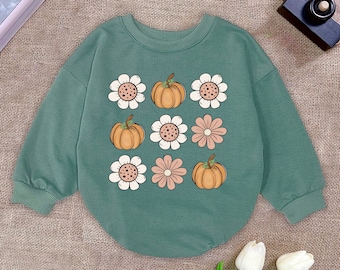 Adorable Pumpkin & Daisy Thanksgiving Romper Sweatshirt - Cozy Newborn Outfit - Perfect Fall Baby Clothes - Cute Autumn Gift for Infants