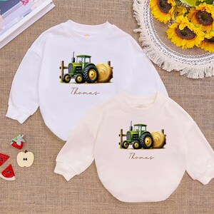 Custom Name Farm Romper Sweatshirt, Personalized Farmer Tractor Design, Unisex Baby Romper, Cute Country Style Outfit, Perfect Gift for Kids