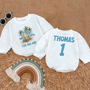 The Big One Romper Sweatshirt, First Birthday Outfit, Custom Name Baby Bodysuit,Beach Theme Birthday,Toddler Birthday Gift,Surf Party Outfit